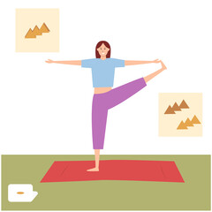 
Beautiful athletic girl works out at home online. Flat vector illustration. Home practice of Pilates exercises. Family quarantine. Healthy lifestyle. Sportswear.