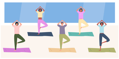 A group of multiracial women working out in sportswear in the gym. Flat vector. Online fitness center for lifestyle design. Training class. Stretching and pilates concept for a healthy lifestyle. 