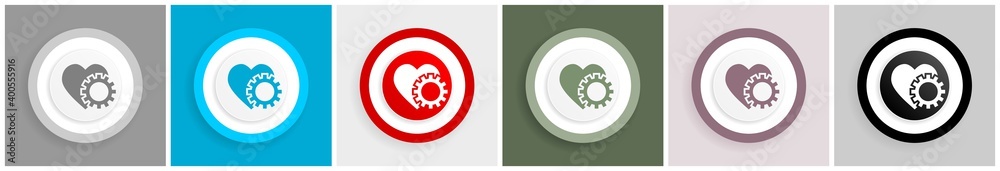 Aufkleber Heart and cogwheel icon set, colorful flat design vector illustrations in 6 options for web design and mobile applications