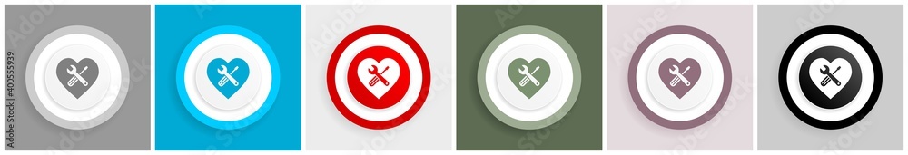 Poster tools in heart shape icon set, colorful flat design vector illustrations in 6 options for web design
