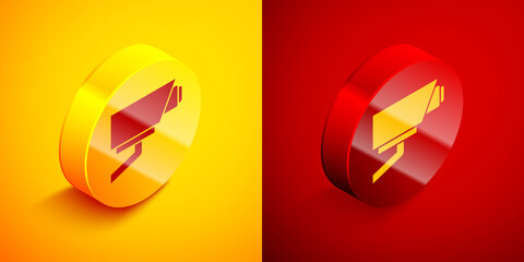 Isometric Security camera icon isolated on orange and red background. Circle button. Vector.