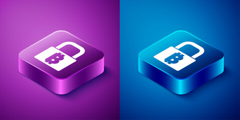 Isometric Lock with bitcoin icon isolated on blue and purple background. Cryptocurrency mining, blockchain technology, security, protect, digital money. Square button. Vector.