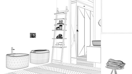 Blueprint project draft, minimalist bathroom with ladder shelf, bath accessories, sliding door over bedroom, side table with towels, herringbone parquet, interior design concept
