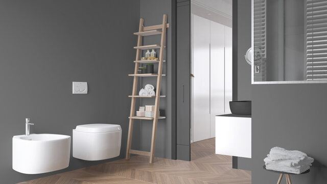 Minimalist bathroom in gray tones with ladder shelf, bottles and bath accessories, sliding door over bedroom, side table with towels, herringbone parquet, interior design concept