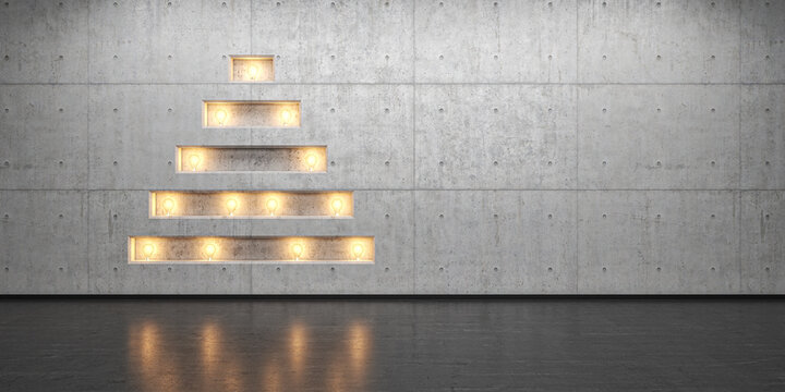 Weihnachtsbaum in Beton mit Gl&uuml;hbirnen