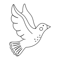 Vector cute black and white flying dove with spread wings isolated on white background. Romantic outline bird illustration. Love and piece contour concept or Valentine’s day character for kids..