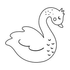 Vector cute black and white swan isolated on white background. Romantic outline bird illustration. Contour love concept or Valentine’s day character for kids..