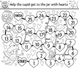 Saint Valentine day black and white board game for children with cupid. Educational holiday boardgame or coloring page with cute boy, arrows, hearts. Romantic outline activity with love theme. .