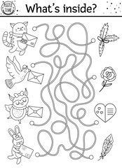 Saint Valentine day black and white maze for children. Holiday preschool printable educational activity. Funny game with cute animals. Romantic puzzle or coloring page with love theme..