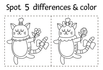 Saint Valentine day find differences game for children. Holiday black and white educational activity and coloring page with funny cat with flower. Printable worksheet with cute animal. .