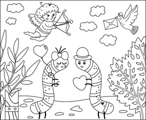 Vector Saint Valentine day black and white background with cute insects. Funny scene with two enamored caterpillars in the garden. Line illustration or coloring page for kids with love concept..