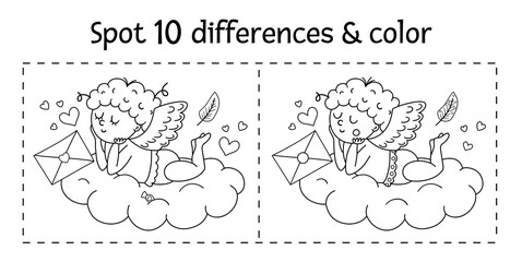 Saint Valentine day find differences game for children. Holiday black and white educational activity and coloring page with funny cupid lying on the cloud. Printable worksheet with cute character. .