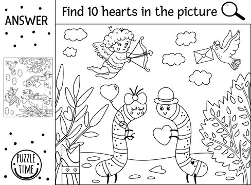 Vector Saint Valentine day black and white searching game with cute caterpillars in the garden. Find hidden hearts in the picture. Simple outline educational holiday printable activity for kids .