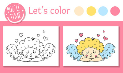 Saint Valentine Day coloring page for children. Funny dreaming cupid with hearts. Vector holiday outline illustration with love angel. Color book with cute character for kids with colored example.