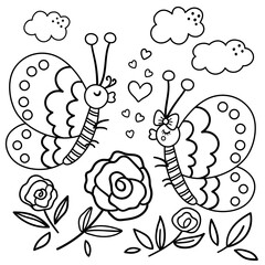 Vector Saint Valentine day black and white background with cute insects. Funny scene with two enamored butterflies in the garden. Funny illustration or coloring page for kids with love concept..