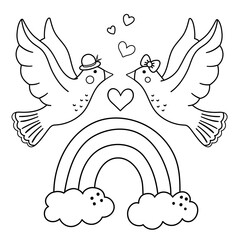 Vector Saint Valentine day black and white background with cute doves and rainbow. Funny scene with two enamored birds. Funny illustration or coloring page for kids with love or freedom concept..