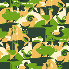 Farm Animals Vector Seamless, abstract geometric pattern with cow, dragonfly, cock, a hen, chiken, pig, ram, goose, duck, sheep. Perfect for camouflage fabric, textile, wallpaper.