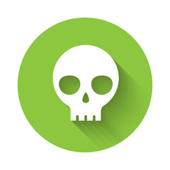 White Human skull icon isolated with long shadow. Green circle button. Vector.