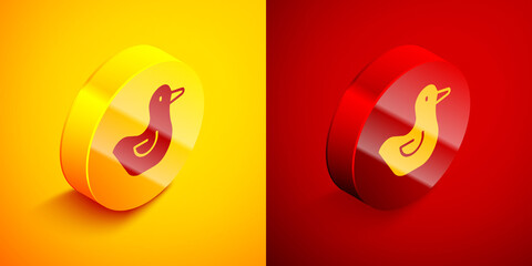 Isometric Rubber duck icon isolated on orange and red background. Circle button. Vector.