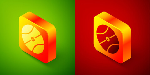 Isometric Basketball ball icon isolated on green and red background. Sport symbol. Square button. Vector.