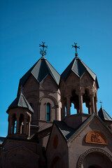 Traditional Armenian church building in a quiet countryside landscape of southern Russia