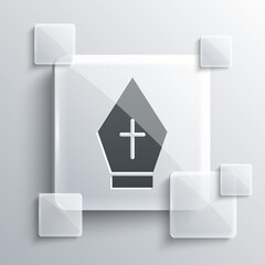 Grey Pope hat icon isolated on grey background. Christian hat sign. Square glass panels. Vector.