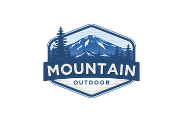 Mountain logo outdoor emblem circle - adventure wildlife pine tree forest design, hiking exploration nature, camping basecamp campfire alpine himalaya.