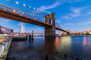 Brooklyn Bridge at sunset view. New York City, USA.