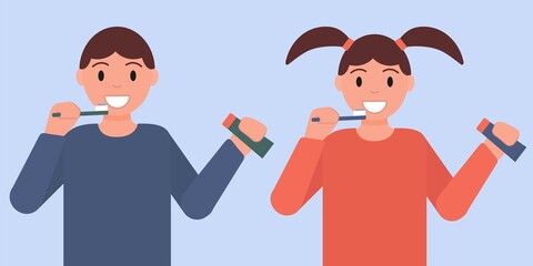 Dental cleaning tools. Children, people, a boy and a girl brush their teeth with a toothbrush and toothpaste. Blue background, red clothes. Vector illustration