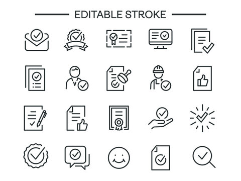 Approve editable stroke icons set Checklist, Award medal document Accepted Confirm mail Guarantee Check mark list Correct agreement accredited authorized Customs Seal stamp approved like paperwork