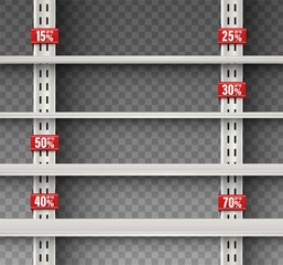 3D realistic vector empty wall shelf with promotional signs. Vector isolated announcement promotion sale on transparent background.