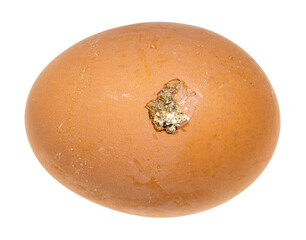natural brown raw chicken egg with with droppings on shell isolated on white background