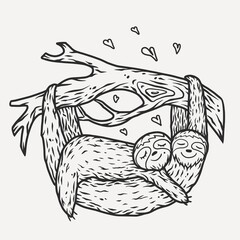 Lovers cute sloths and branch with valentine heart © Casoalfonso