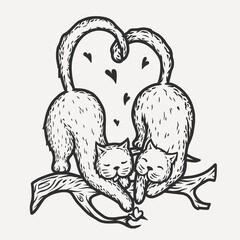 Lovers cute Cats on branch with valentine hearts