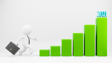 3d Businessman walking business growth chart graph over white background.