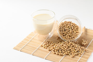 Soybeans seed and soy milk in a glass, Healthy drink