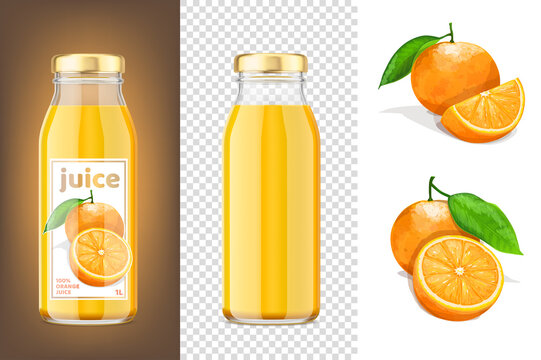 Orange juice mockup 3D bottles and oranges. Vector Illustration