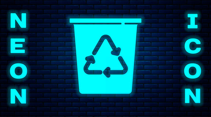 Glowing neon Recycle bin with recycle symbol icon isolated on brick wall background. Trash can icon. Garbage bin sign. Recycle basket sign. Vector.