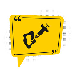 Black GMO syringe icon isolated on white background. Genetically modified organism acronym. Dna food modification. Yellow speech bubble symbol. Vector.