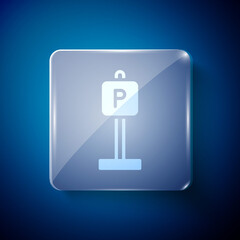 White Parking icon isolated on blue background. Street road sign. Square glass panels. Vector.