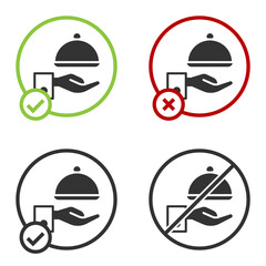 Black Covered with a tray of food icon isolated on white background. Tray and lid sign. Restaurant cloche with lid. Circle button. Vector.