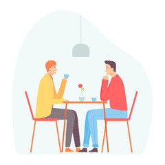 Gay couple on a date in cafe. Lovers drink coffee and talk. Vector illustration in hand drawn flat style.