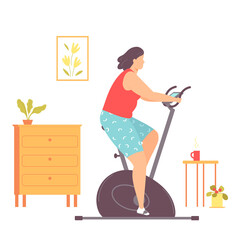 Fat woman on a stationary bike doing cardio exercise at home. Weight loss. Healthy lifestyle. Vector illustration in hand drawn flat style.