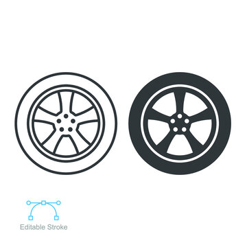 Car wheel icon symbol vector line and glyph icon. Flat and outline Tire, car rim, steering wheel discs for Automotive logo. Editable stroke vector illustration. design on white background. EPS 10