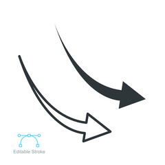 Declining arrow sign, aim, arrow, arrowheads line and glyph icon. Down right direction symbol for website and application. Editable stroke. vector illustration. design on white background. EPS 10