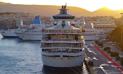 Classic cruiseship or cruise ship liner in port of Piraeus, Athens in Greece during twilight...