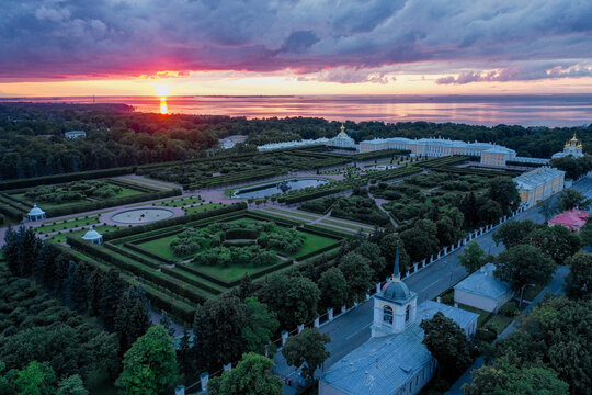 Panoramic aerial view of the park in Peterhof. Evening sunset.