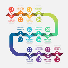 Timeline presentation for 12 months, 1 year, Timeline infographics design vector and Presentation business can be used for Business concept with 12 options, steps or processes. 