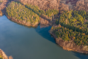 Hungary - Matra mountains with Csori-reti water reservoir from drone view