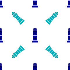 Blue Lighthouse icon isolated seamless pattern on white background. Vector.